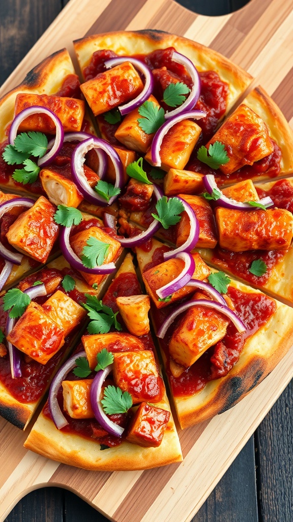 Delicious BBQ chicken pizza topped with red onions and cilantro.