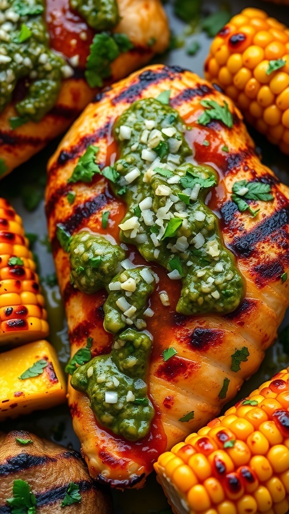 Grilled chicken served with chimichurri sauce and fresh herbs