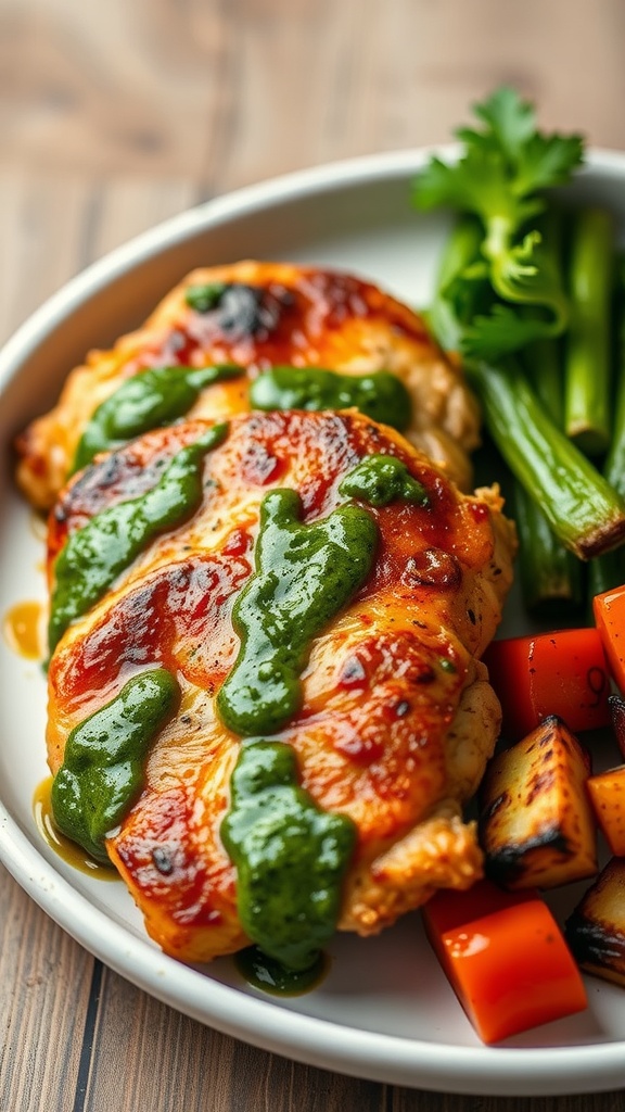 Zesty Chimichurri Chicken Thighs with vibrant green sauce.