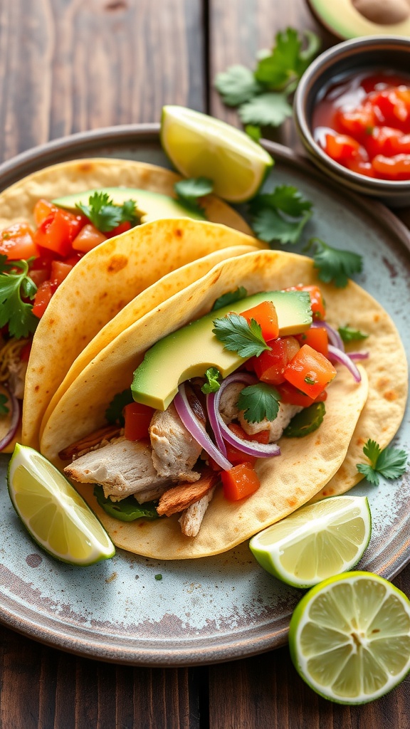 Delicious chicken tacos with fresh toppings and lime