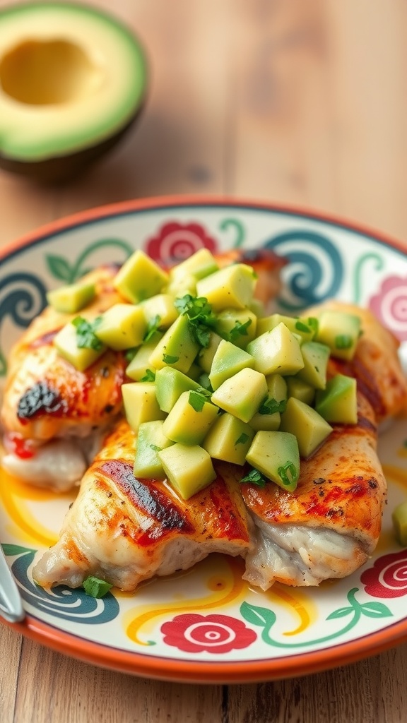 Grilled chicken thighs topped with avocado salsa on a colorful plate.