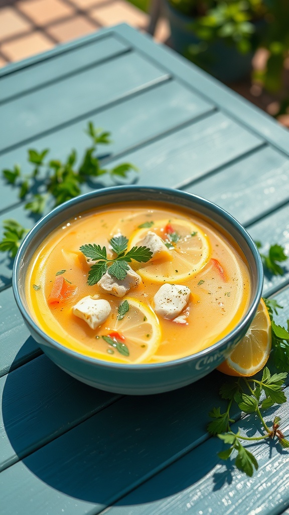 A bowl of zesty lemon chicken soup garnished with lemon slices and parsley