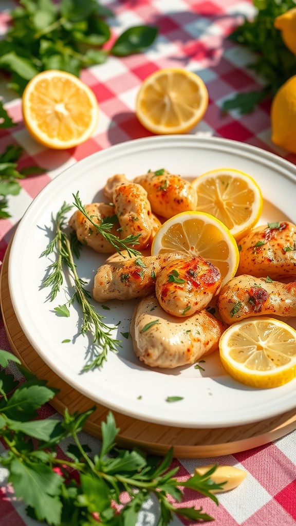 A plate of zesty lemon herb chicken garnished with lemon slices on a checkered tablecloth.