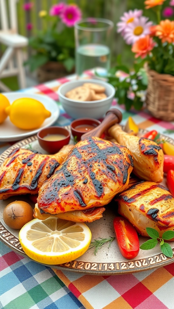 Grilled chicken on a platter with lemon slices and herbs.