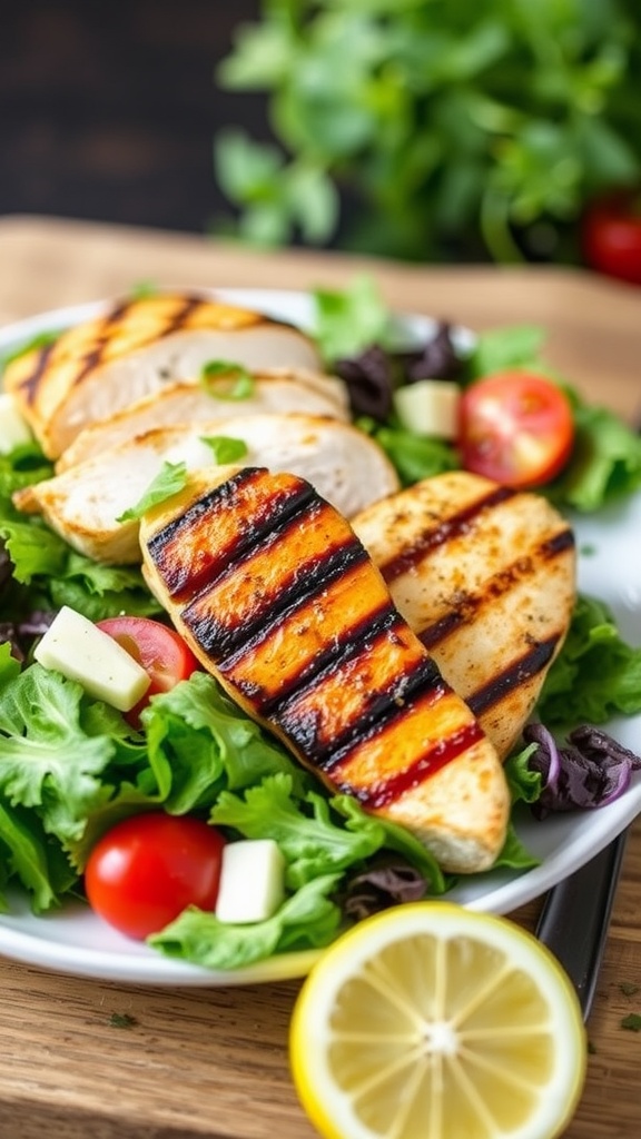 Zesty Lemon Herb Grilled Chicken Salad with greens and lemon slices
