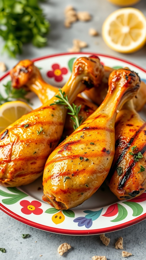 Grilled chicken drumsticks marinated in lemon and herbs