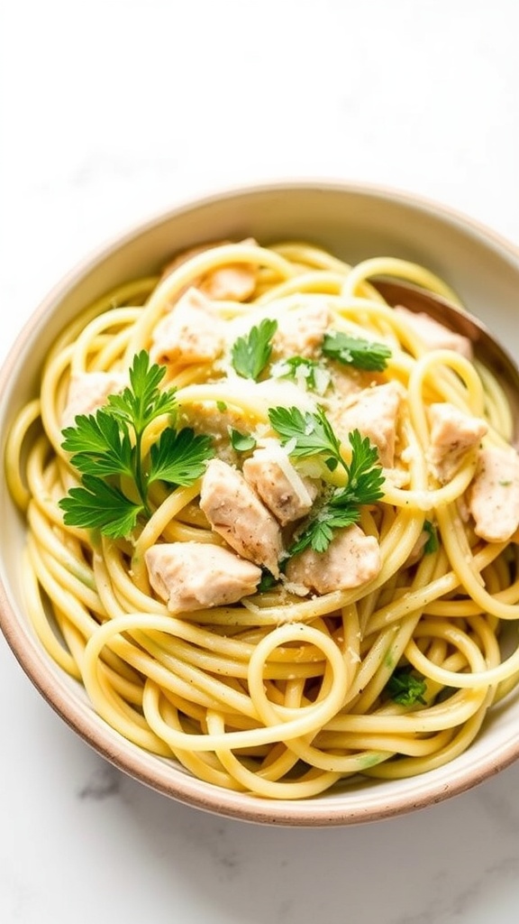 A bowl of zucchini noodle chicken alfredo topped with parsley.