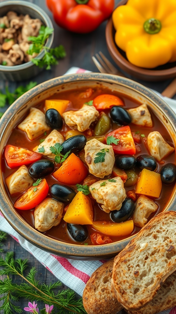 A bowl of Mediterranean chicken stew with colorful vegetables and olives, served with bread.