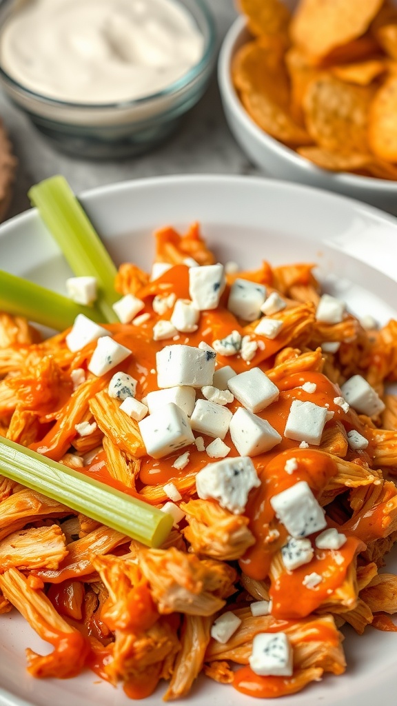 A plate of buffalo chicken topped with blue cheese crumbles and served with celery sticks and tortilla chips.