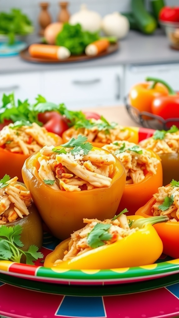Stuffed chicken peppers filled with ground chicken and topped with cheese, served on a colorful plate.