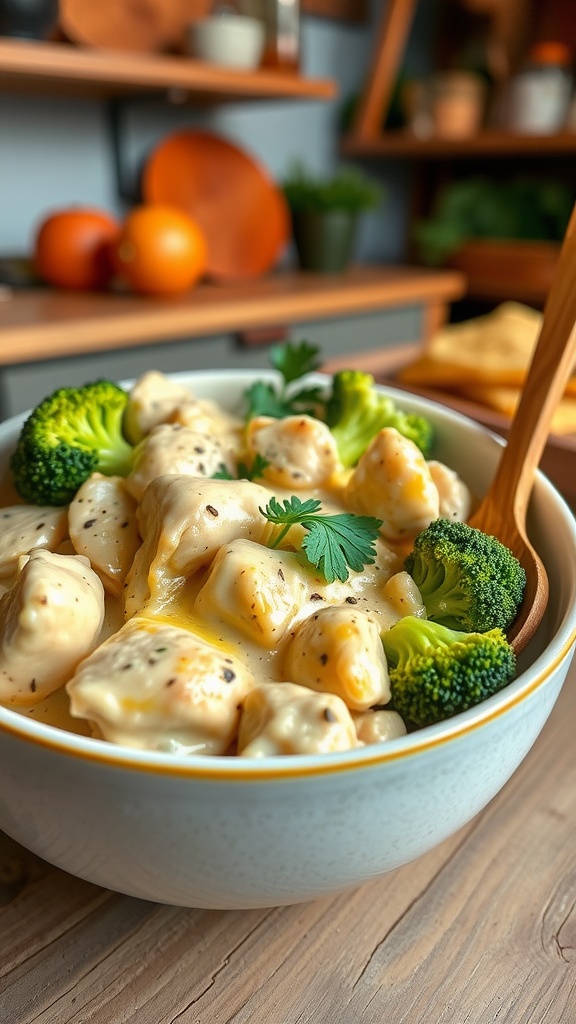 A bowl of chicken and broccoli casserole topped with cheese, served with a wooden spoon.