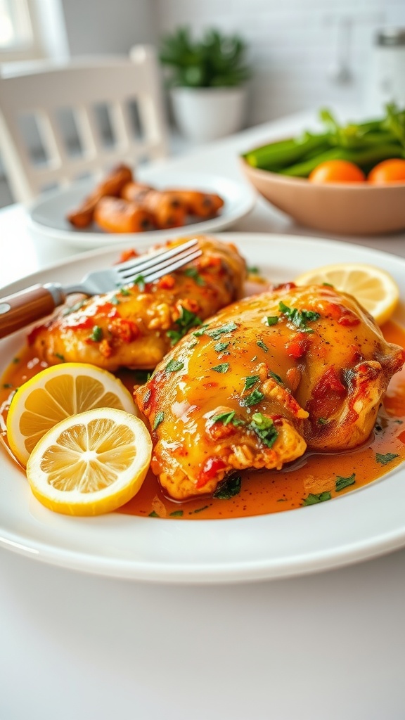 A plate of zesty lemon garlic chicken garnished with parsley and lemon slices, served with a side of vegetables.