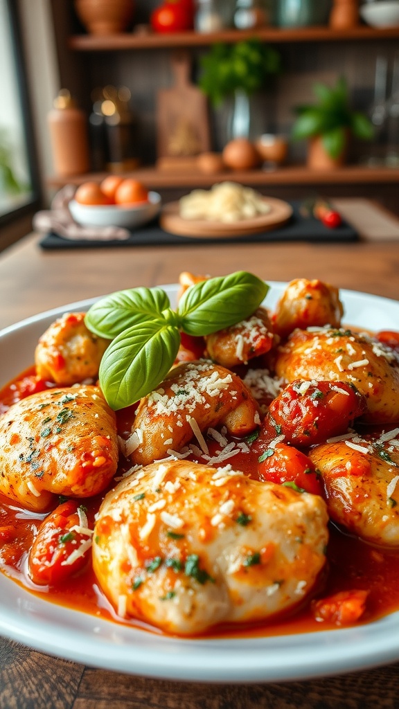 Savory Italian Herb Chicken served with cherry tomatoes and garnished with basil