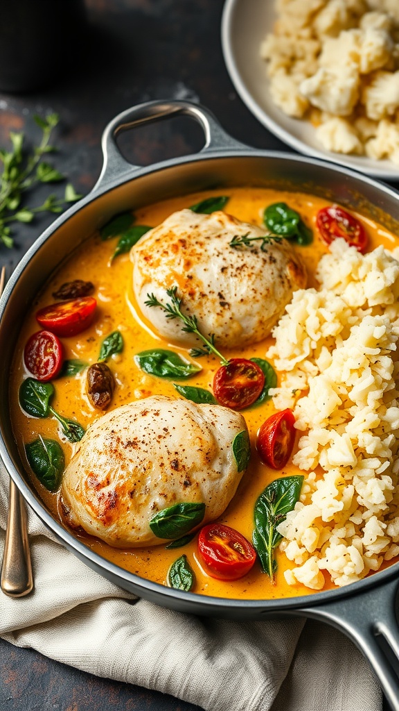 A creamy Tuscan chicken dish with spinach and sun-dried tomatoes served with rice.