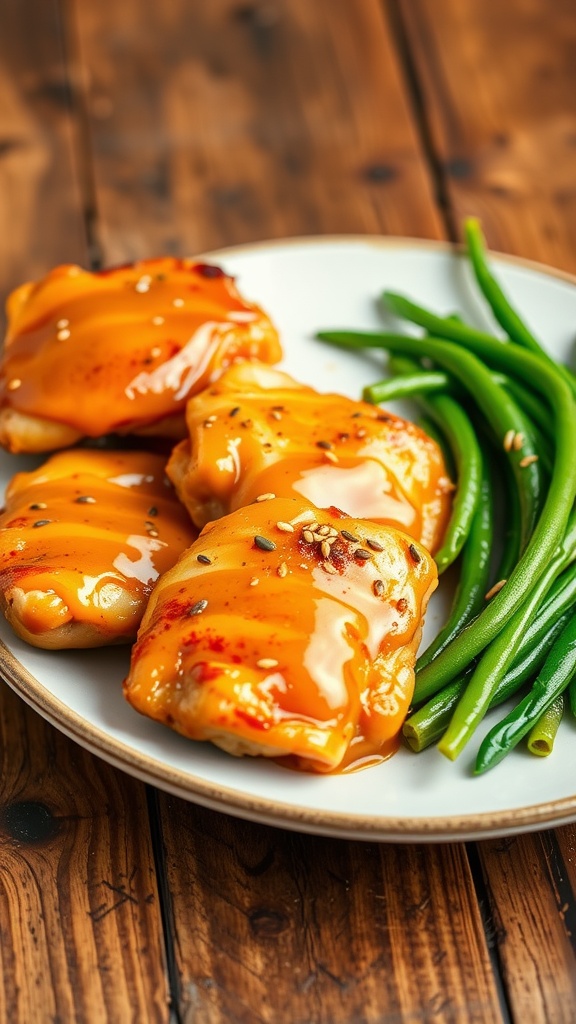 Plate of honey mustard chicken with green beans on a wooden table.