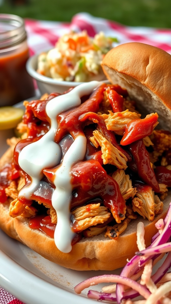 A delicious BBQ Ranch Chicken sandwich topped with barbecue sauce and ranch dressing, served with coleslaw.