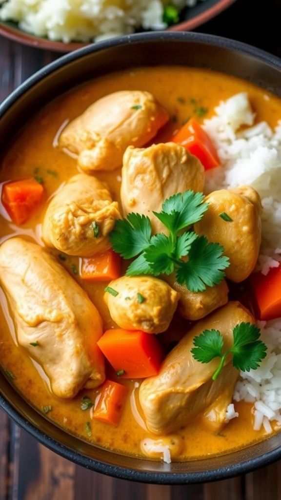 A bowl of coconut curry chicken with rice and colorful vegetables.