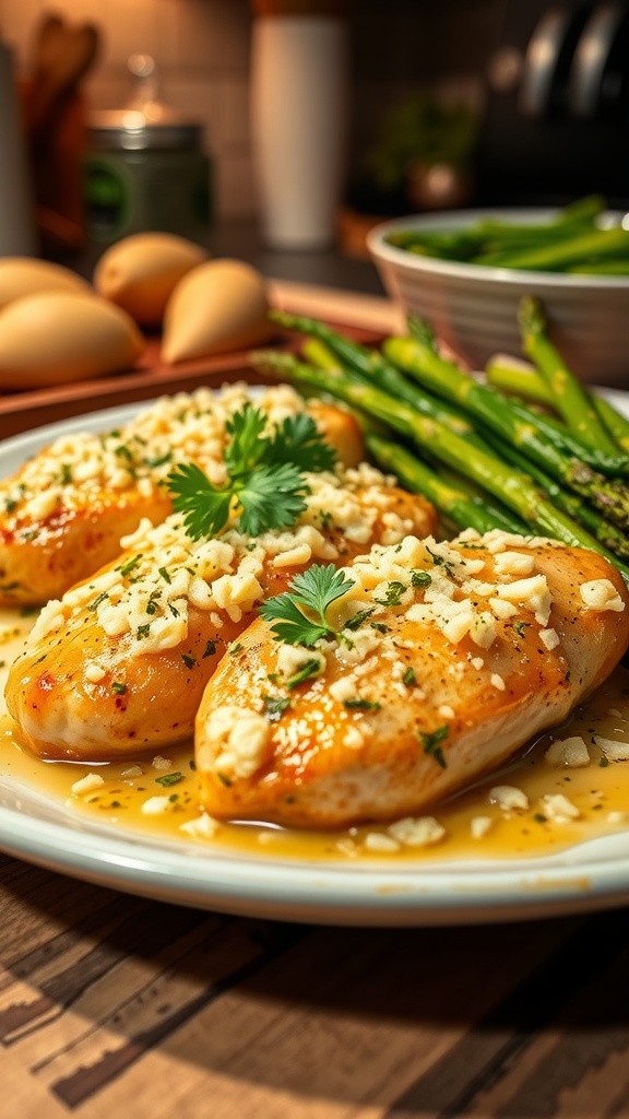 A plate of Garlic Parmesan Chicken with asparagus and eggs in the background.