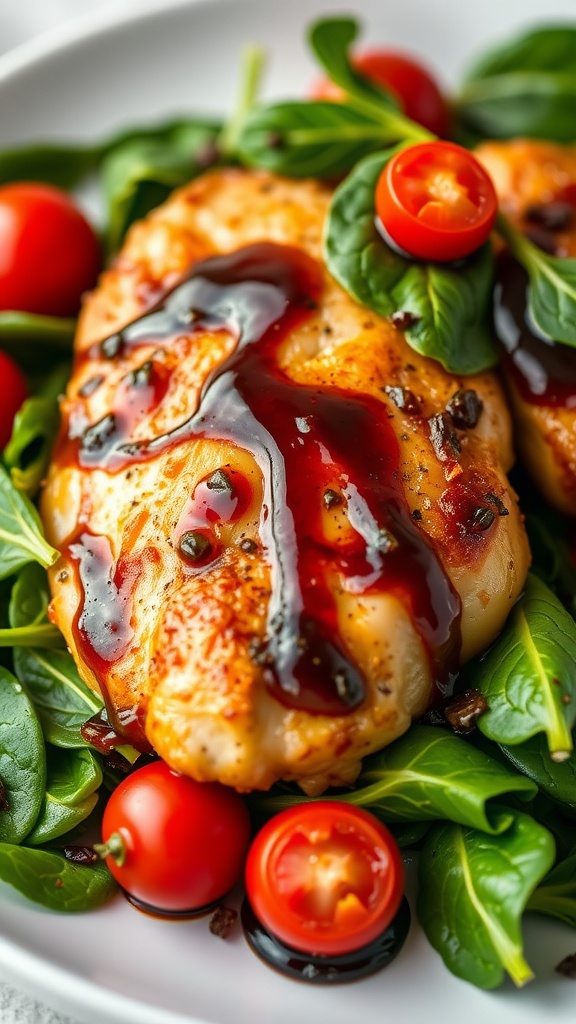 Balsamic glazed chicken thighs served on a bed of spinach and cherry tomatoes