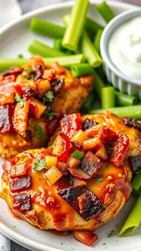 BBQ Ranch Chicken Thighs served with celery and ranch dressing