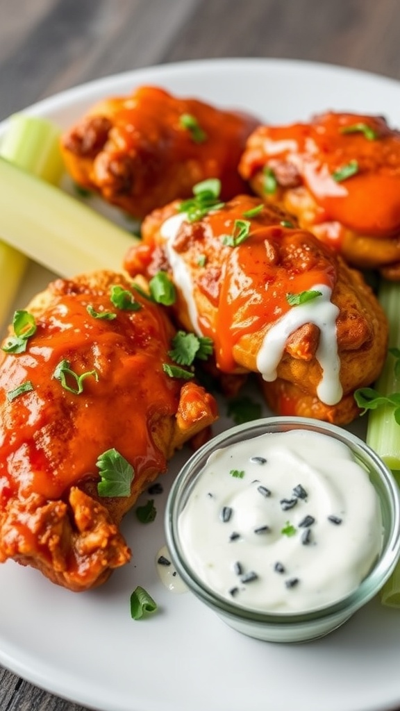 Buffalo chicken thighs topped with sauce and blue cheese dressing, served with celery sticks.