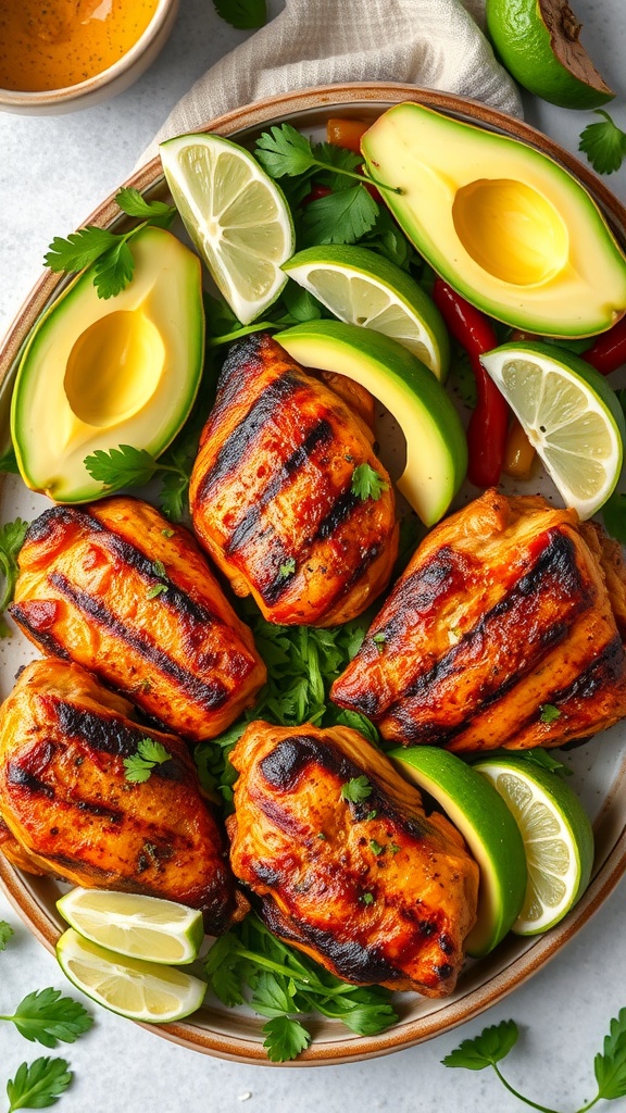 Grilled chicken thighs with lime and avocado on a plate