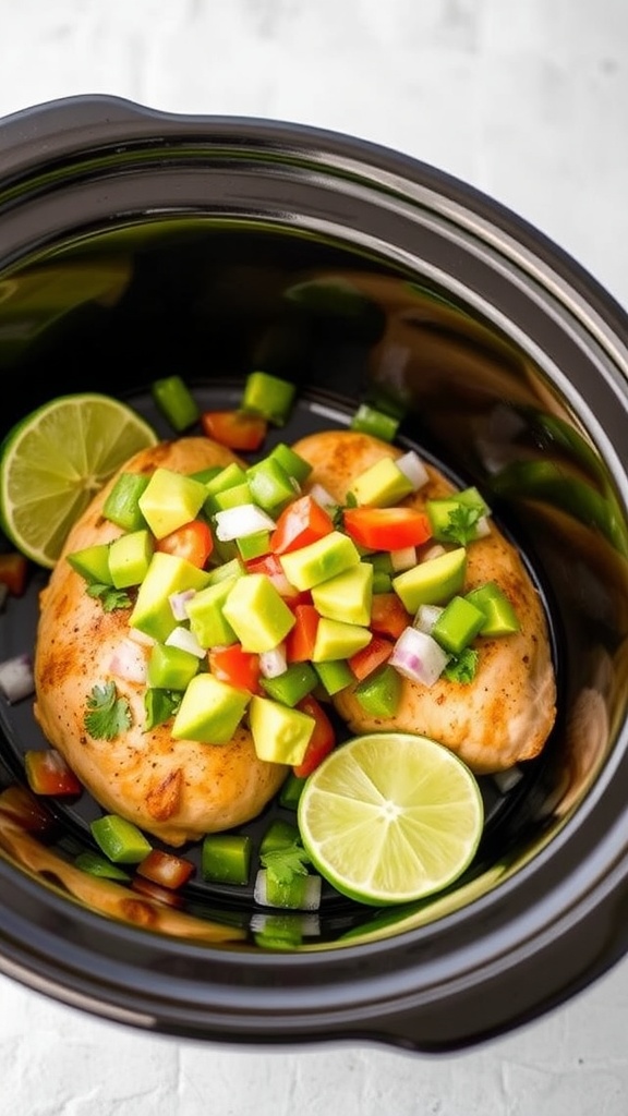 Cilantro Lime Chicken with diced vegetables in a crockpot