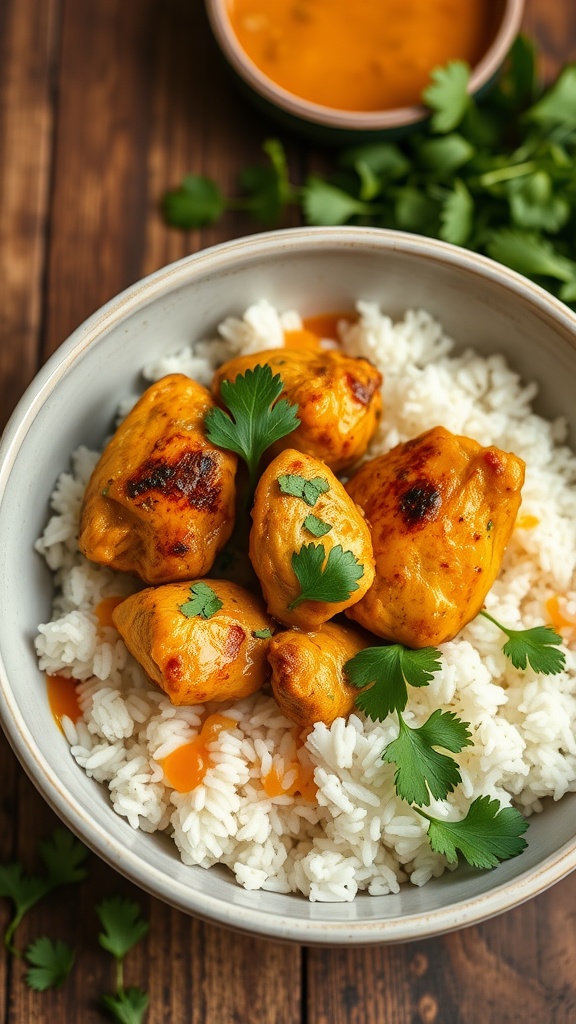 Bowl of coconut curry chicken thighs served over rice with cilantro garnish.