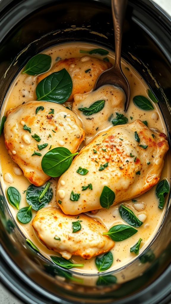 Creamy Garlic Parmesan Chicken with Spinach in a crockpot