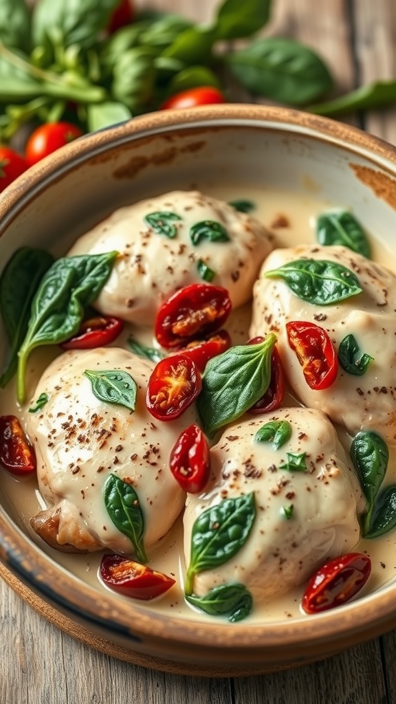 Creamy Tuscan Chicken Thighs in a bowl with spinach and sun-dried tomatoes