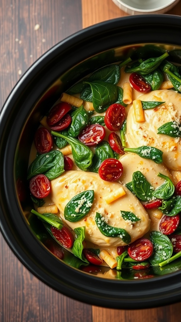 A delicious creamy Tuscan chicken dish with spinach and sun-dried tomatoes in a crockpot.
