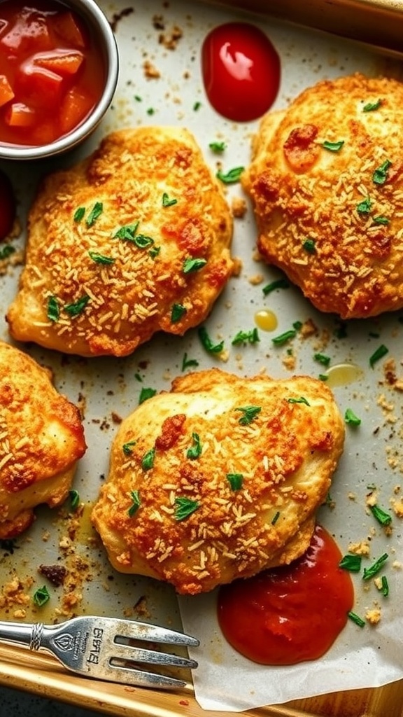 Crispy Parmesan Crusted Chicken Thighs on a baking sheet with dipping sauce