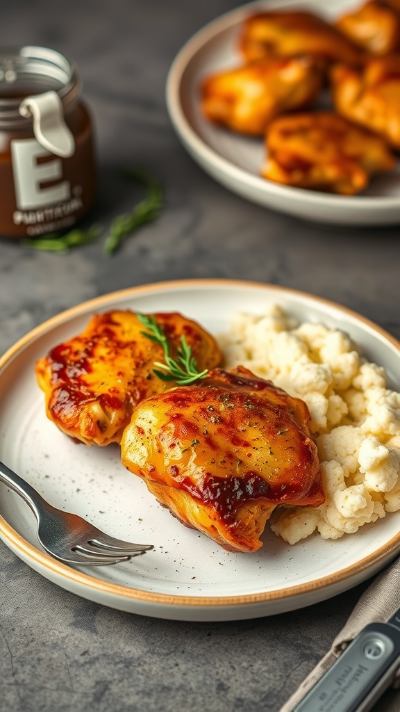 A plate of crispy skin chicken thighs served with garlic mashed cauliflower.