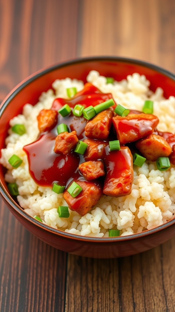 A bowl of Crockpot BBQ Chicken served over cauliflower rice, garnished with green onions.