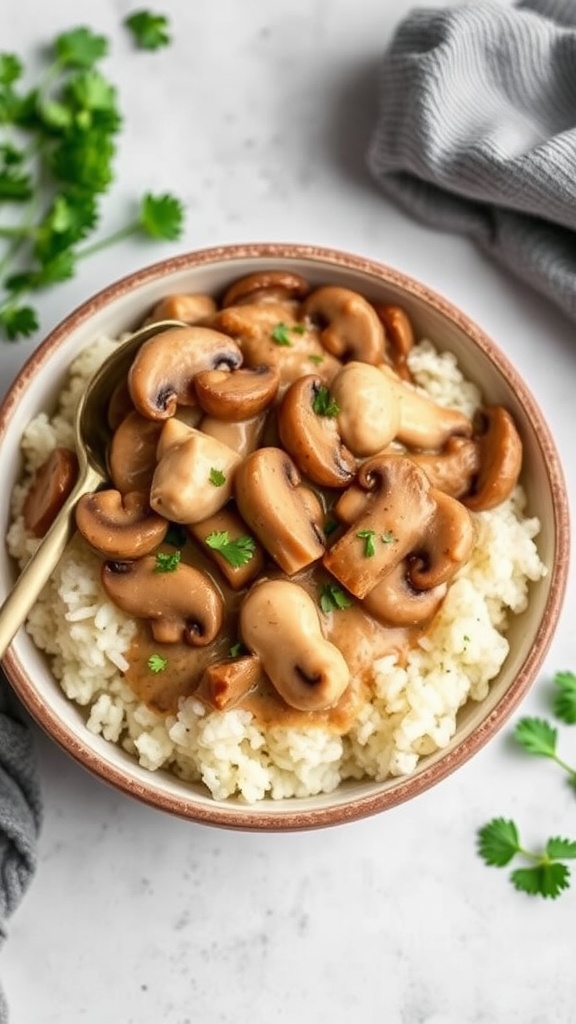 A bowl of Crockpot Chicken and Mushroom Stroganoff served over rice, garnished with parsley.