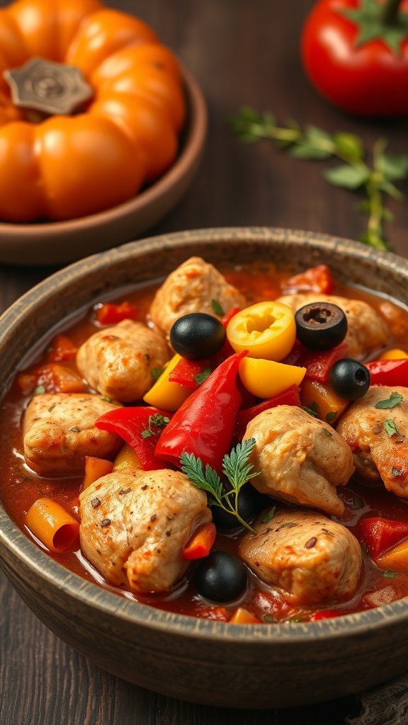 A bowl of Chicken Cacciatore with colorful vegetables and herbs.