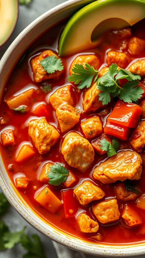 A bowl of Crockpot Chicken Chili with Bell Peppers, garnished with cilantro and avocado slices.