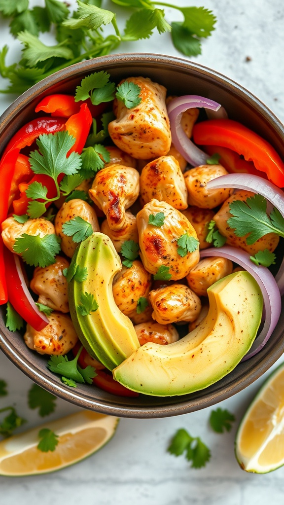 A colorful bowl of chicken fajita ingredients with chicken, peppers, onions, and avocado.