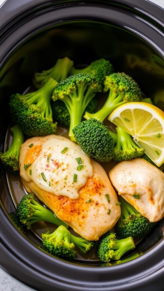 A crockpot filled with garlic butter chicken and broccoli, garnished with lemon slices.