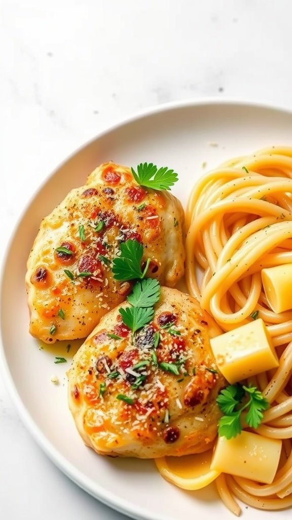 A plate of garlic parmesan chicken thighs served with pasta.