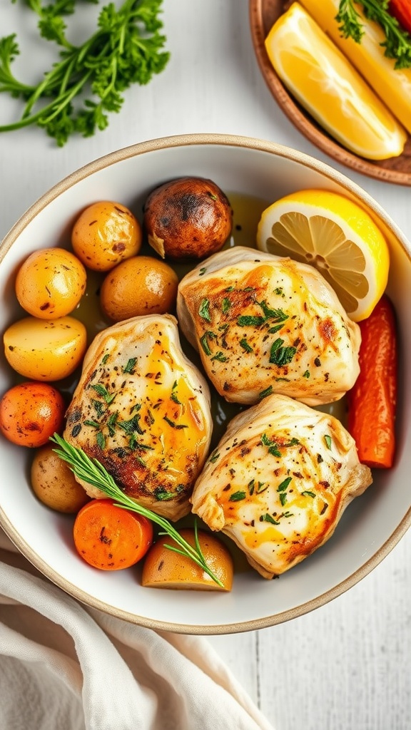 A bowl of Herb and Lemon Chicken Thighs with potatoes, garnished with lemon slices and herbs.