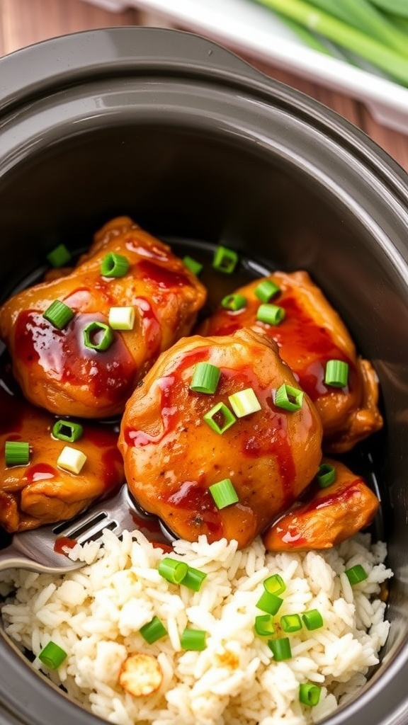 Honey garlic slow cooker chicken thighs with rice and green onions