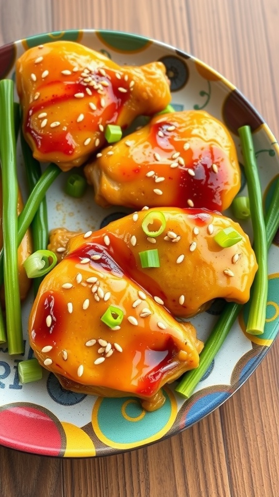 Honey mustard glazed chicken thighs served with green onions on a colorful plate.