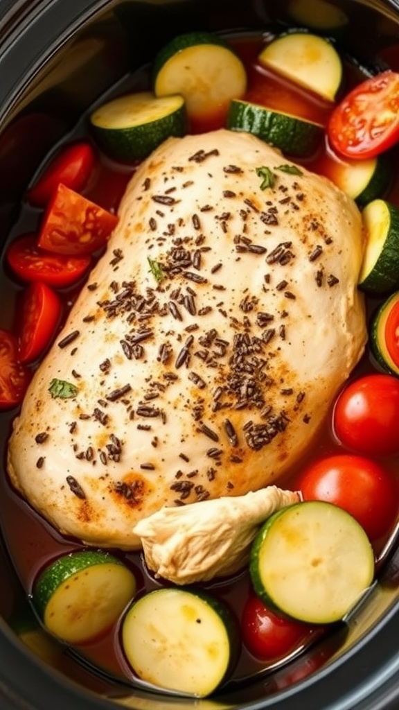 A delicious crockpot recipe featuring Italian herb chicken, zucchini, and cherry tomatoes.