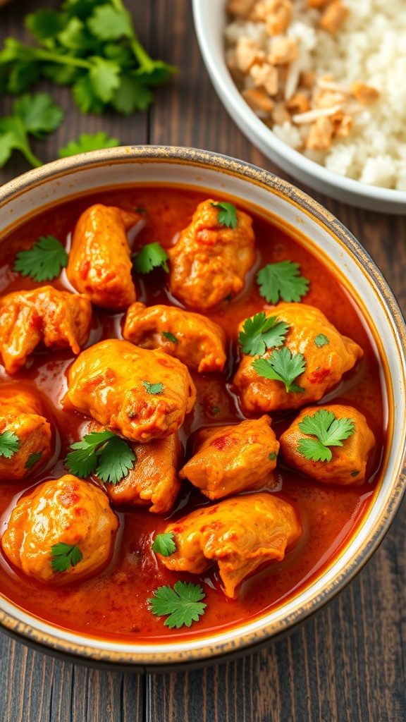 A bowl of Keto Chicken Tikka Masala garnished with cilantro, served with a side of rice.