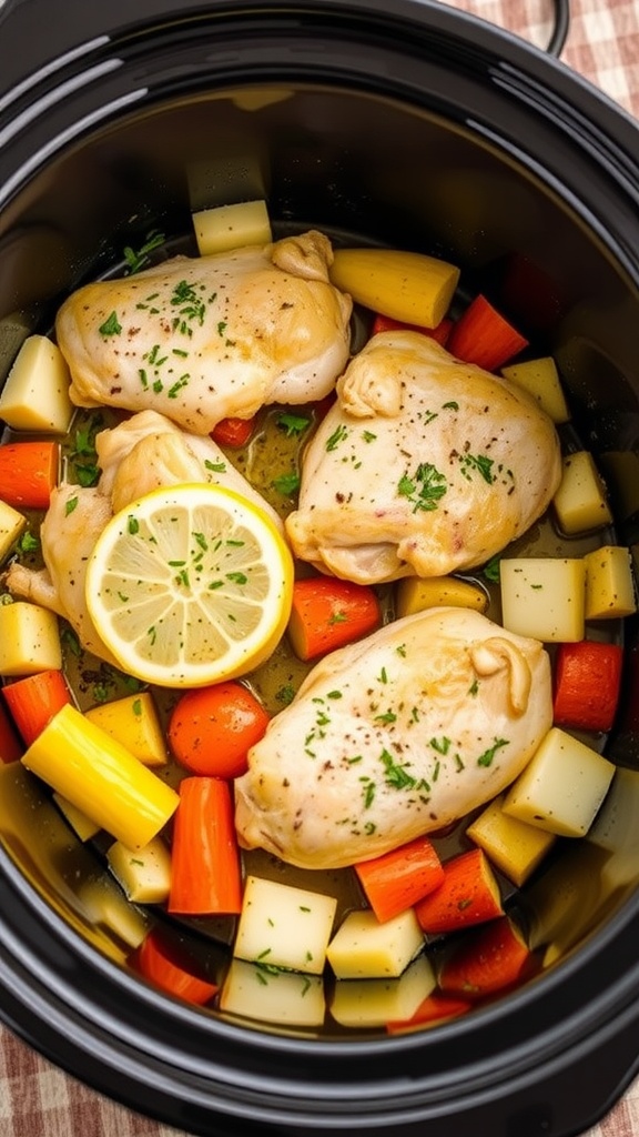 Crock pot with lemon herb chicken thighs and colorful vegetables