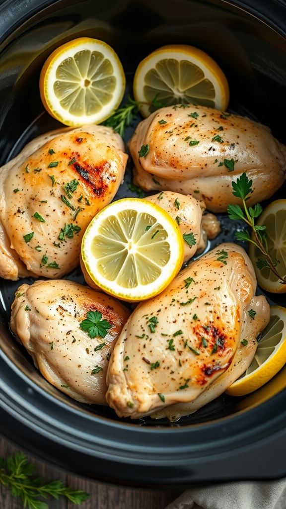 Lemon Herb Crockpot Chicken Thighs with lemon slices and herbs
