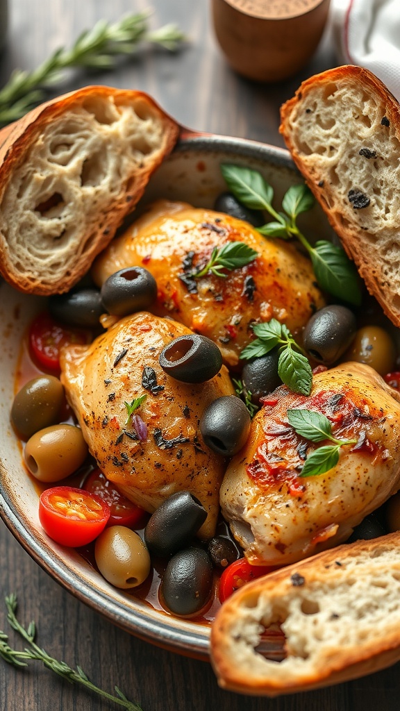 A bowl of Mediterranean chicken thighs with olives, tomatoes, and herbs, served with crusty bread.