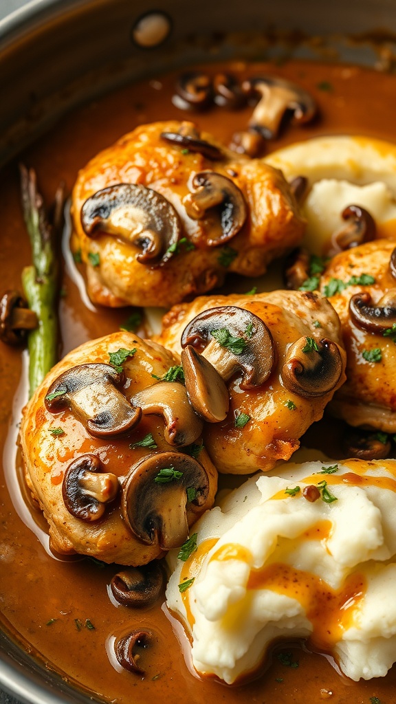 A delicious plate of mushroom garlic chicken thighs served with mashed potatoes.