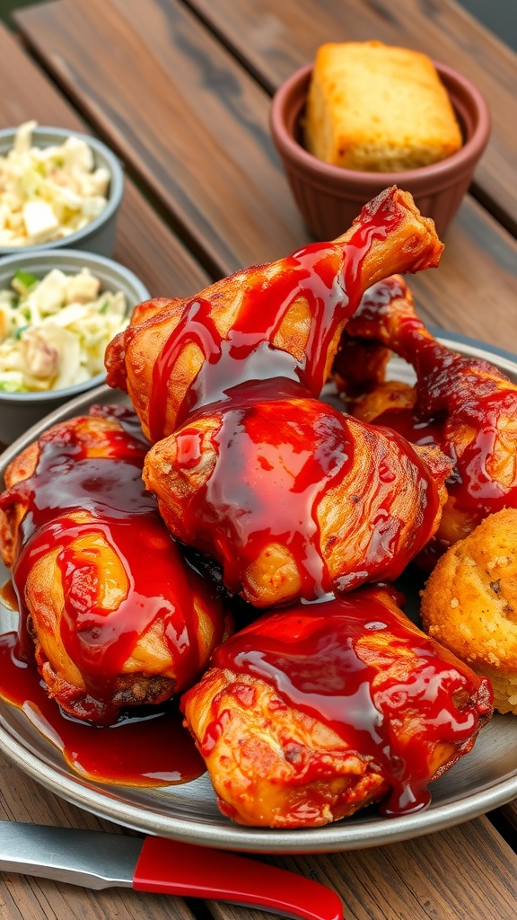 A plate of spicy BBQ chicken thighs drizzled with sauce, served with cornbread and coleslaw.